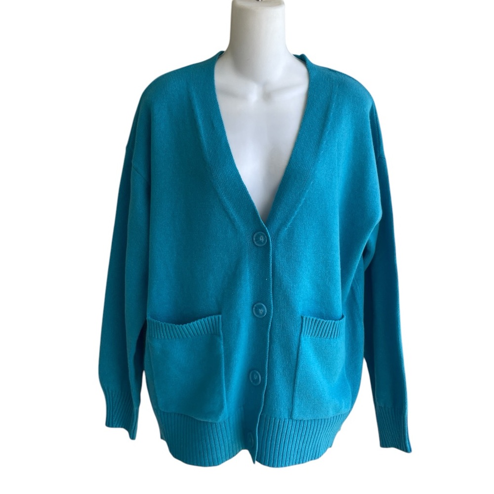 A New Day Teal Blue Button-down Boyfriend Cardigan Sweater Pockets Ladies XS New